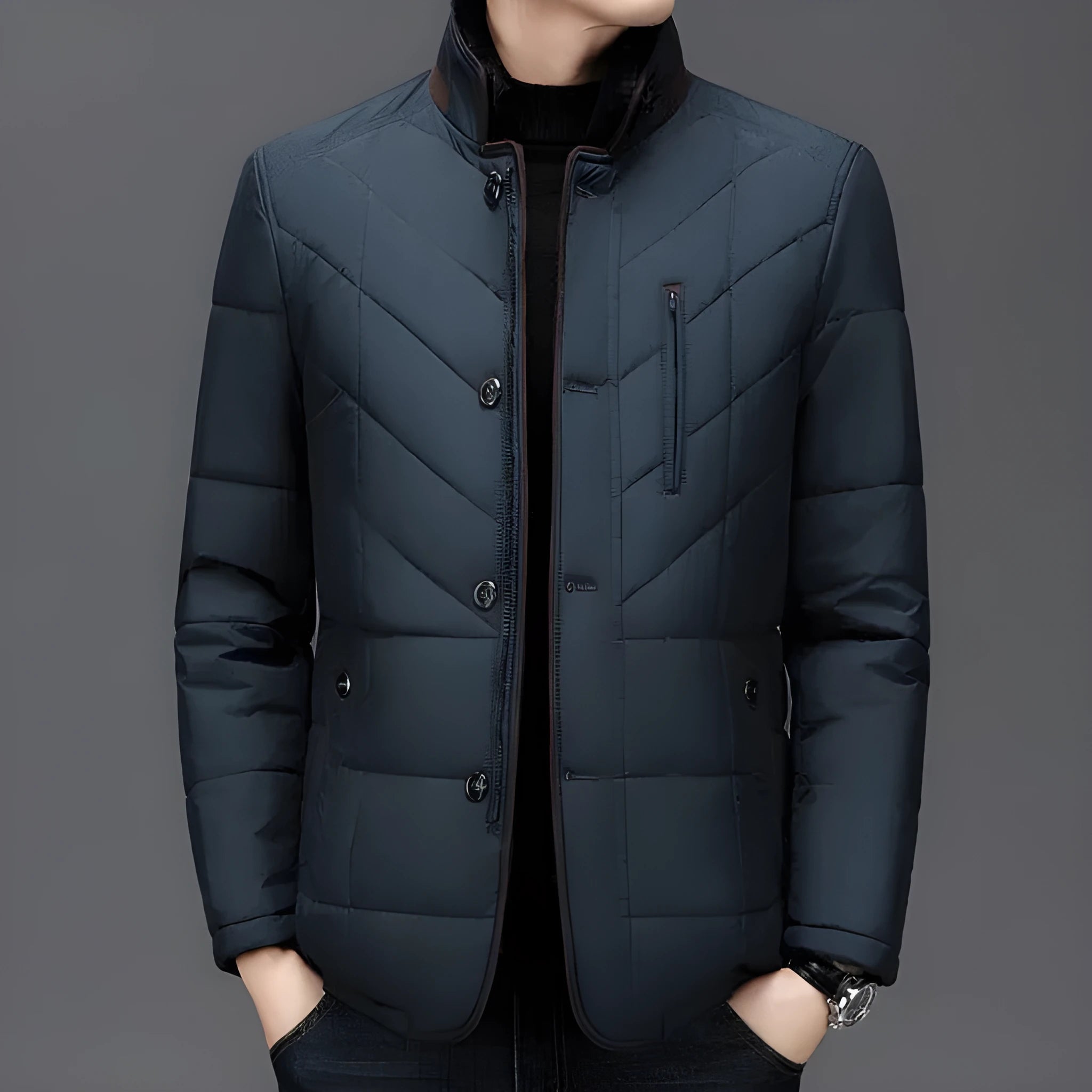 Men's dark blue short winter coat with side pockets and a full zip, showing cotton-padded construction.