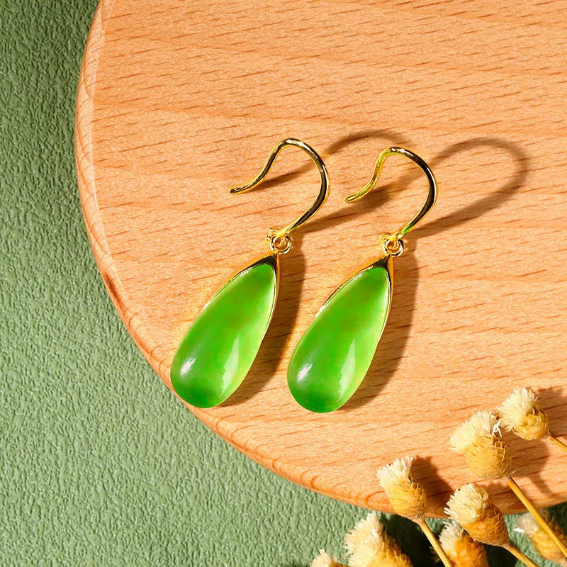 Geometric copper earrings with water droplet design and electroplated jade finish in Chinese style