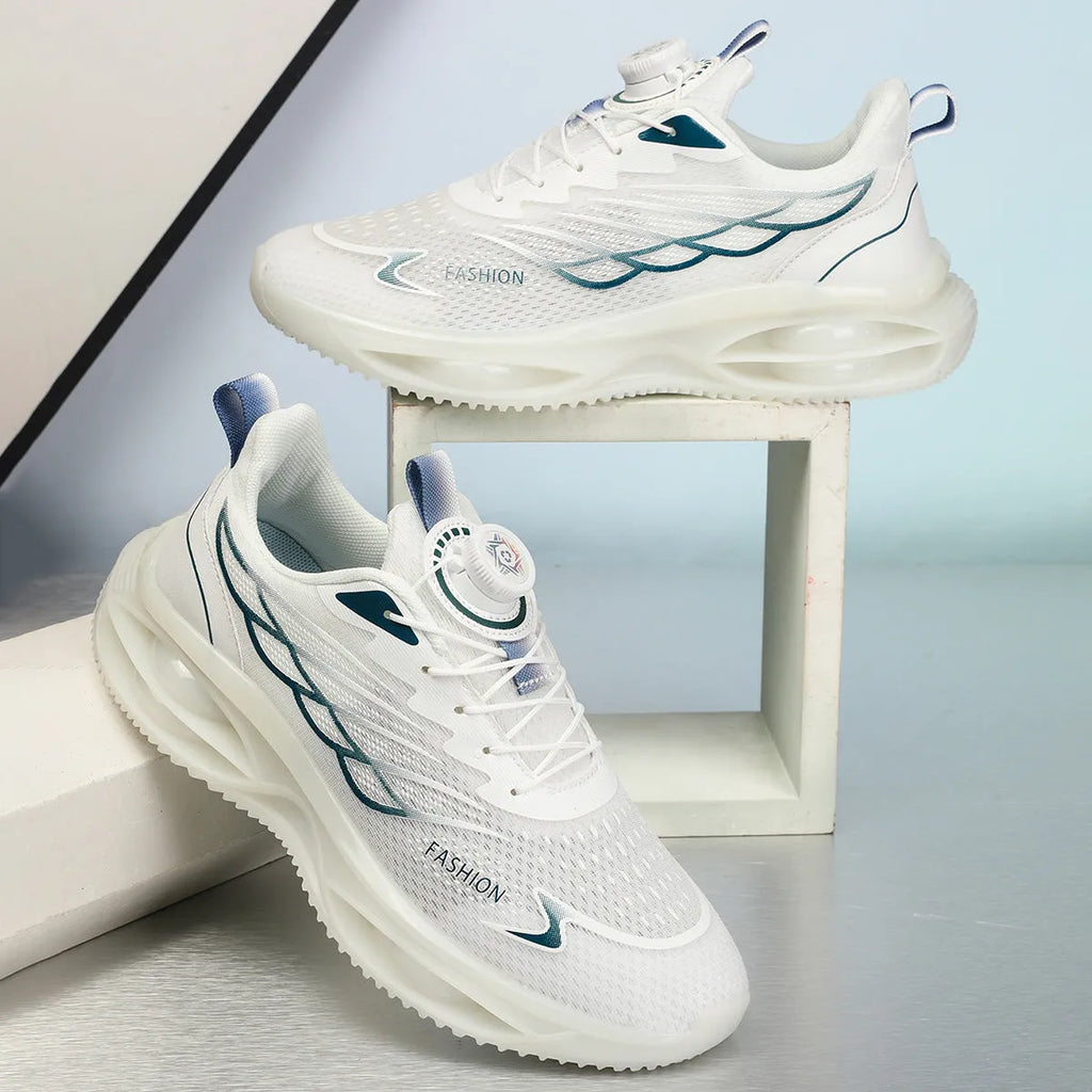 Casual running shoes in sky blue with mesh upper and rubber sole, shown in low-top round-toe design