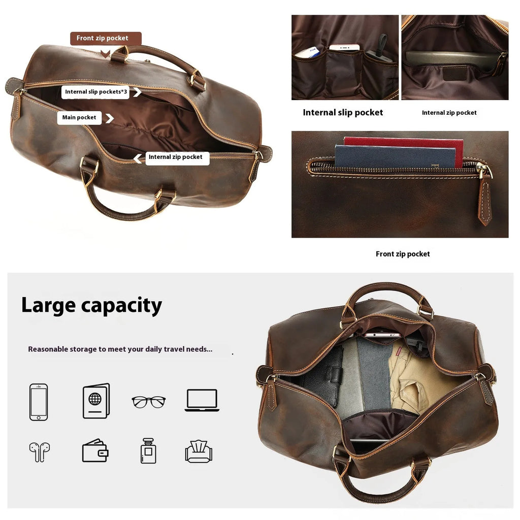 Men's large genuine leather crossbody bag in brown shown with dimensions
