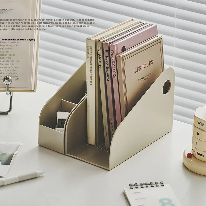 Two-layer plastic desktop storage box in milk coffee colour measuring 14.5 x 17 x 22 cm