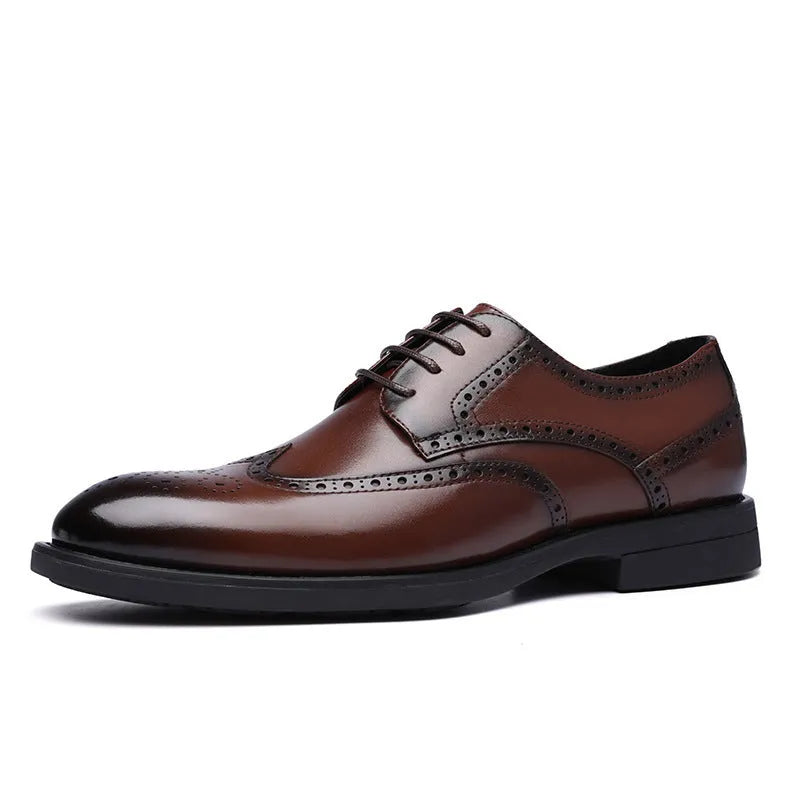Men's black and brown brogue leather shoes with business styling and PU leather upper material