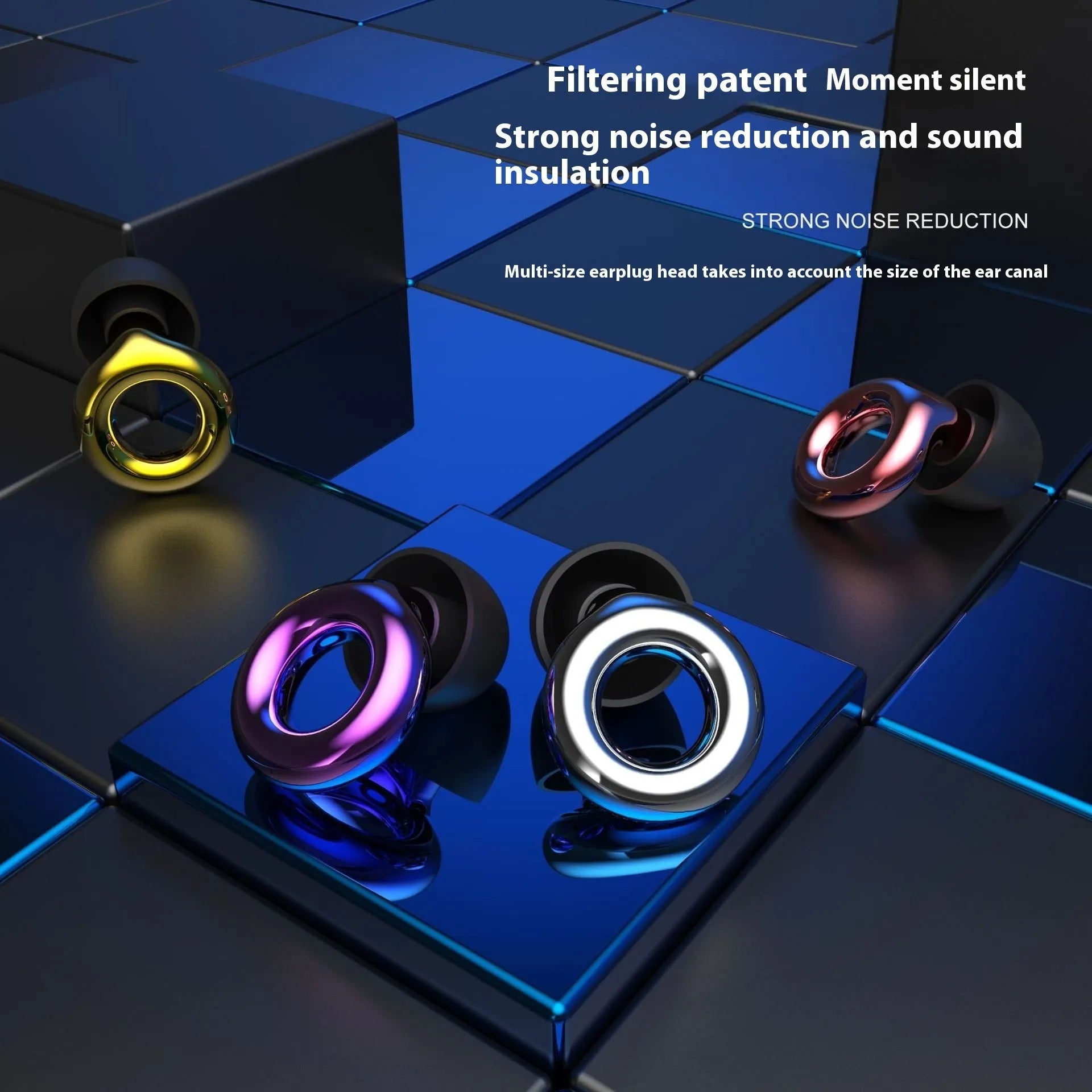 Noise reduction sleep earplugs in gold, silver, transparent, purple, and rose gold colours with storage box