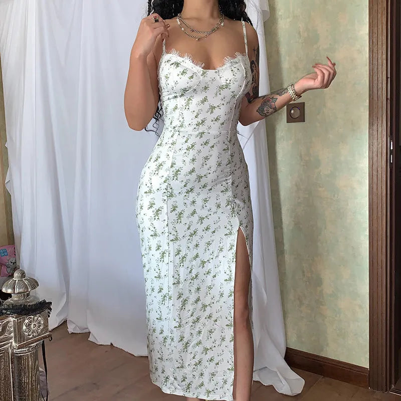 Women's lace flowers print long dress with suspender straps and side slit in solid colour