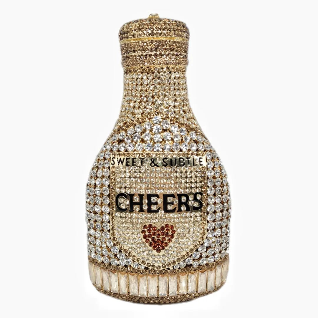 Gold rhinestone champagne bottle shaped evening clutch with hard alloy construction