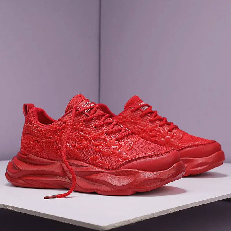 Men's casual fly knit sneakers with Chinese dragon design and rubber soles