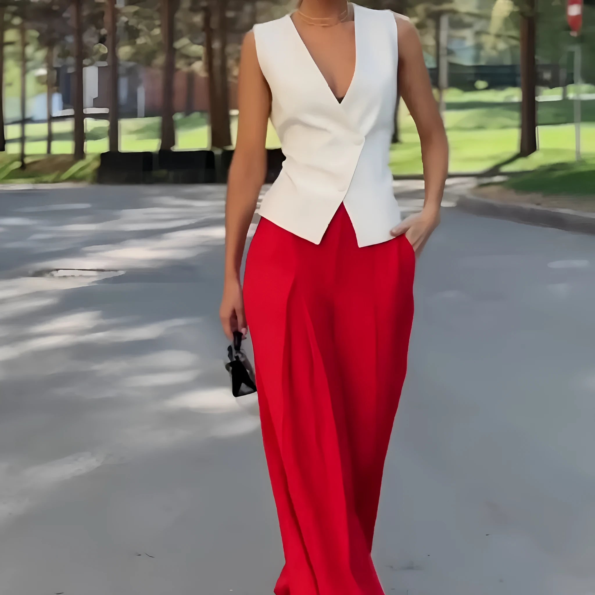Women's beige two-piece set with deep V-neck sleeveless top and high-waisted wide-leg trousers.