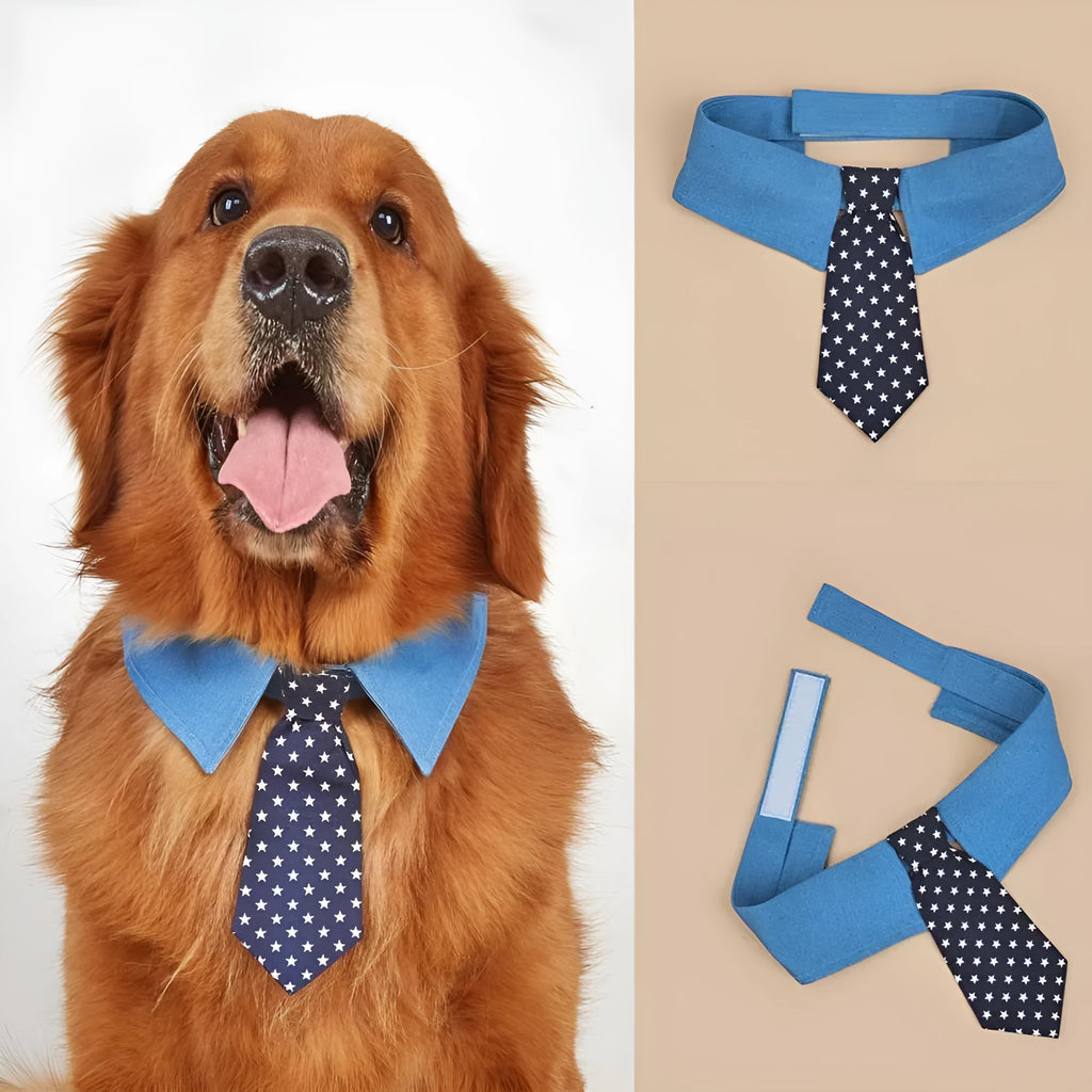 Denim pet collar with star pattern necktie attached, showing adjustable fastener tape and three size options