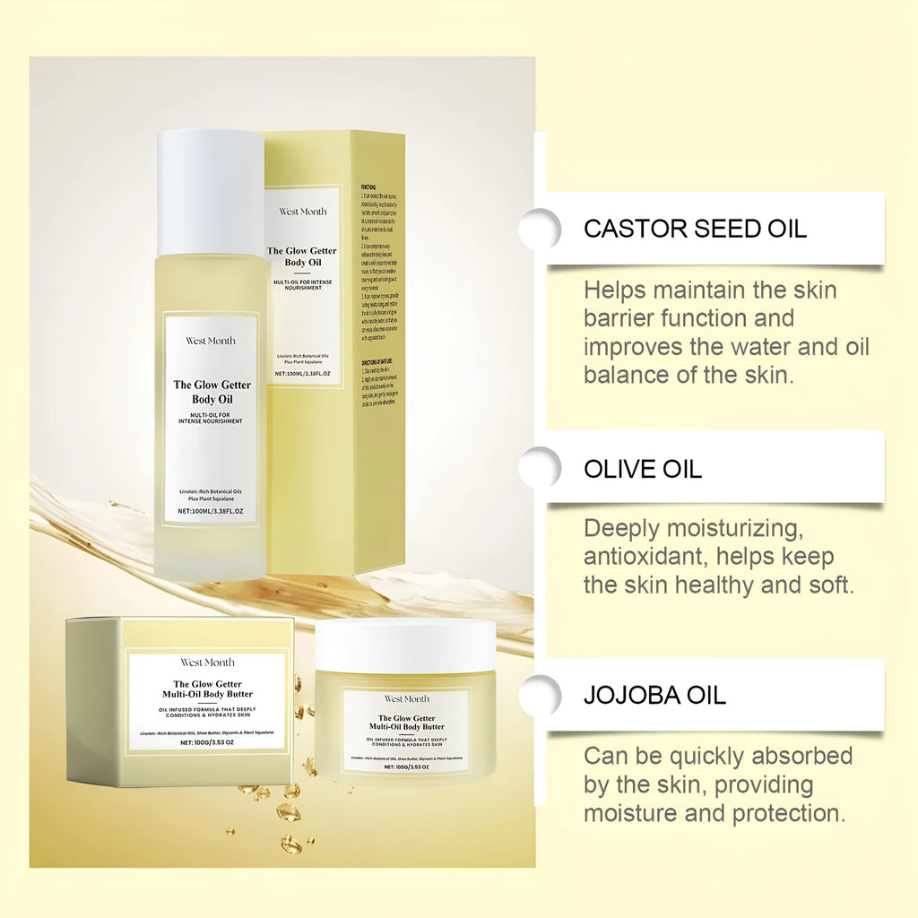 Nourishing and firming body care kit with skin massage oil and moisturising cream set