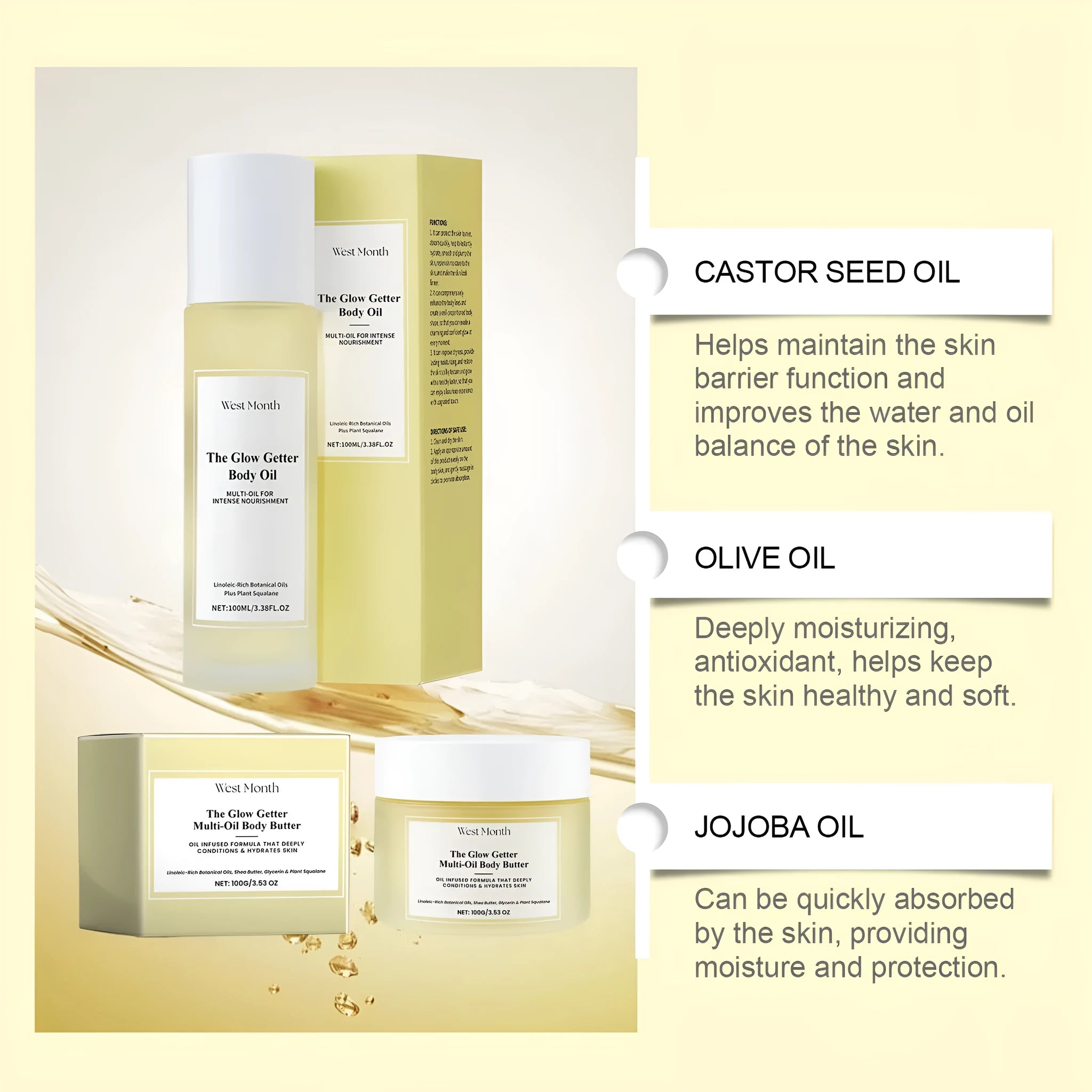 Nourishing and firming body care kit with skin massage oil and moisturising cream set