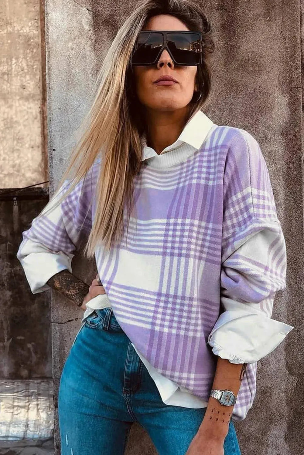 Lilac plaid print loose sweater with ribbed trim on cuffs and hem