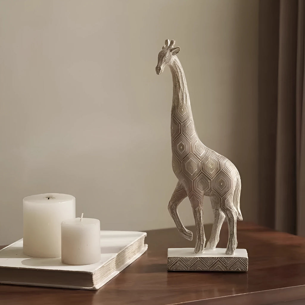 European style wood colour resin giraffe decorative ornament on a surface.