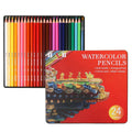 Water-soluble coloured pencil set with 24 colours, a brush, and a metal box open to show contents.
