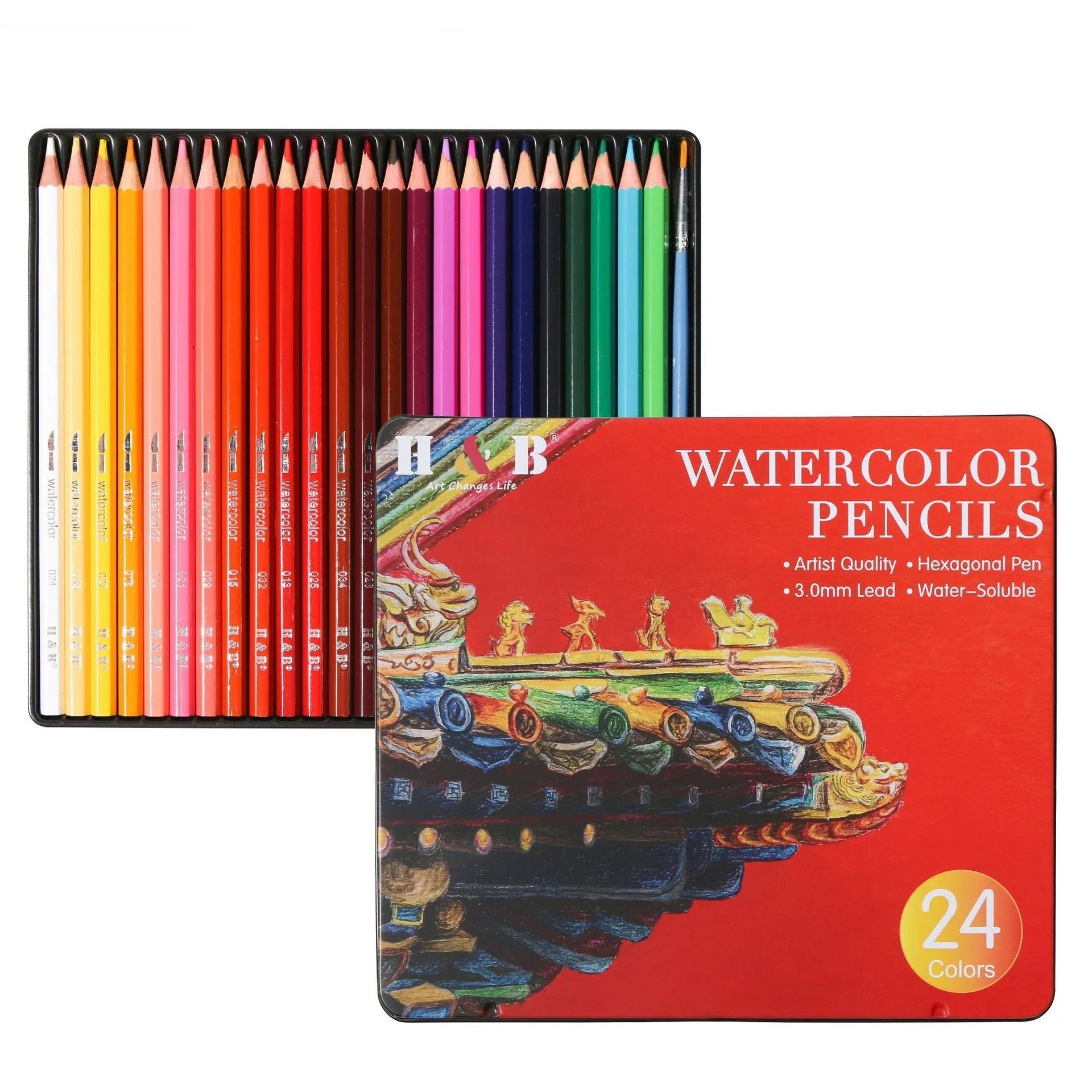 Water-soluble coloured pencil set with 24 colours, a brush, and a metal box open to show contents.