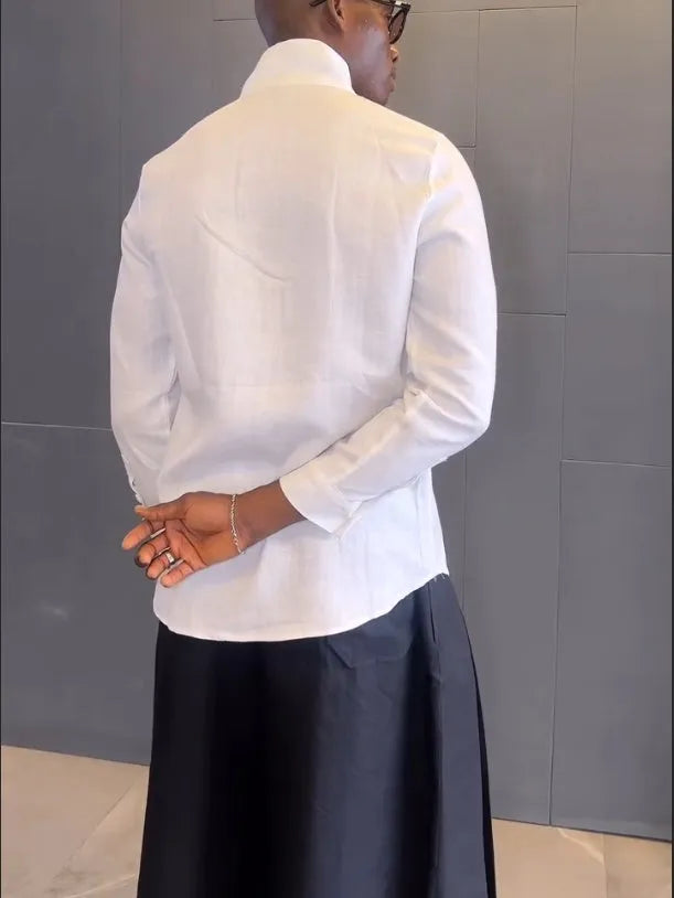White asymmetric-front long sleeve shirt with black pleated trousers casual set