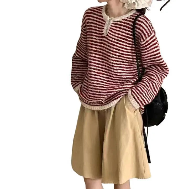 Red and blue striped cashmere pullover sweater for women with plaid pattern and loose fit.