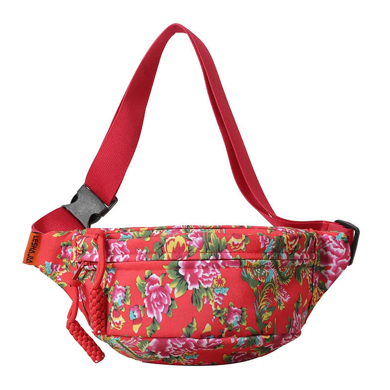 Women's Western style floral waist bag with three-dimensional pocket in four colour options
