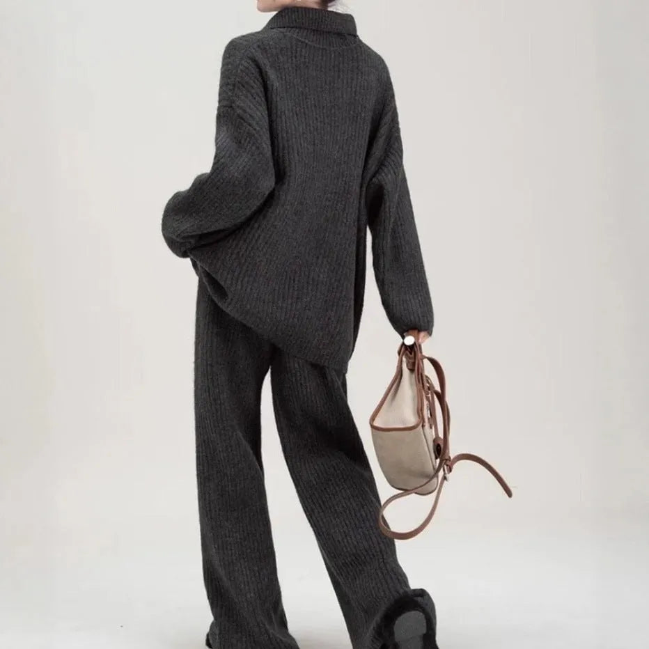 Sweater suit two-piece set with long-sleeve top and trousers in acrylic imitation cashmere fabric