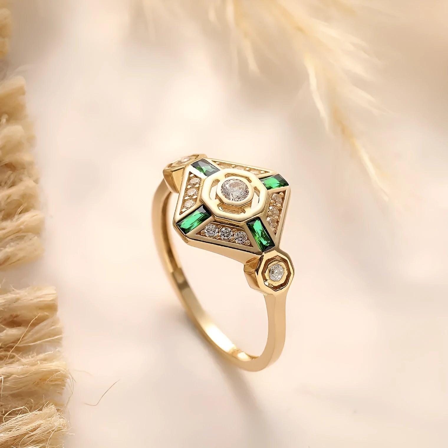 Women's emerald square geometric ring in Ins style with electroplated finish