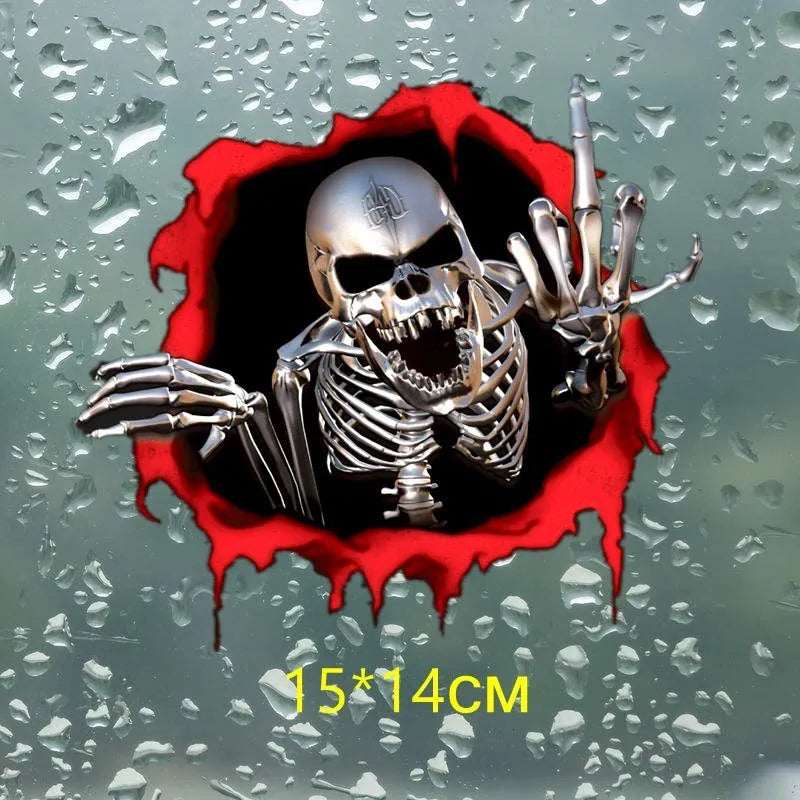 Printed reflective colourful broken shell and metal skull design car sticker measuring 15cm by 14cm.
