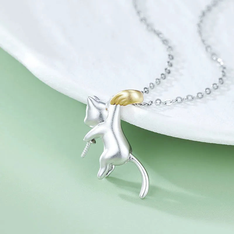 925 sterling silver clavicle chain necklace with electroplated cat charm pendant