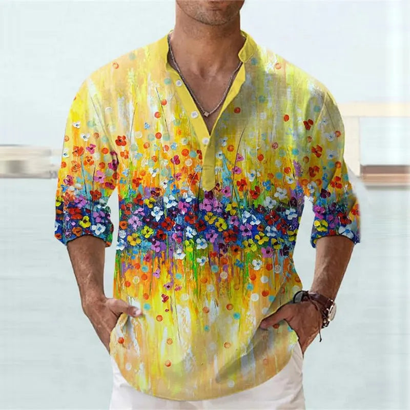 Men's bamboo hemp short sleeve shirt with striped pattern from 3D thermal transfer