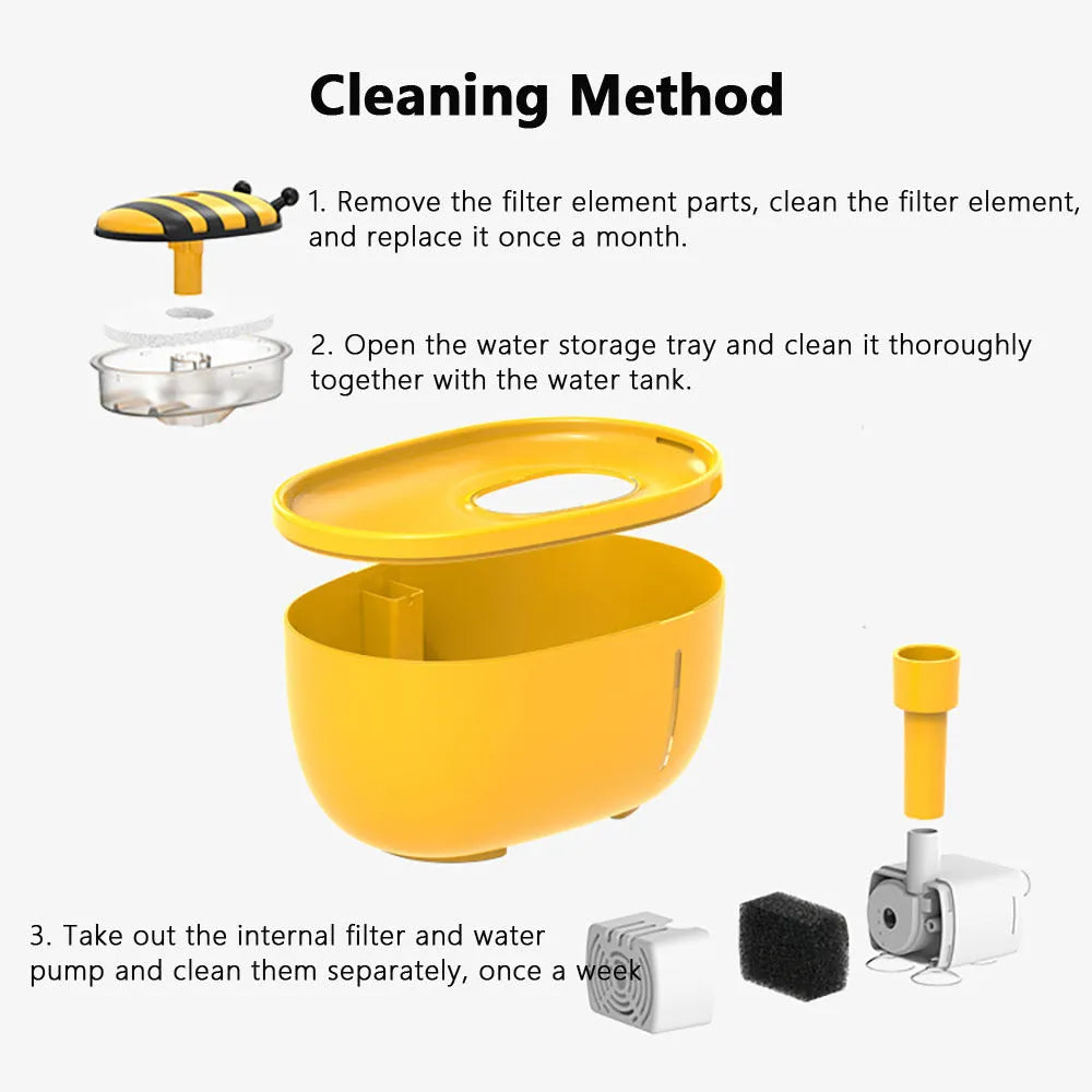 Yellow automatic cat water fountain with filter and silent USB pump on anti-slip base.