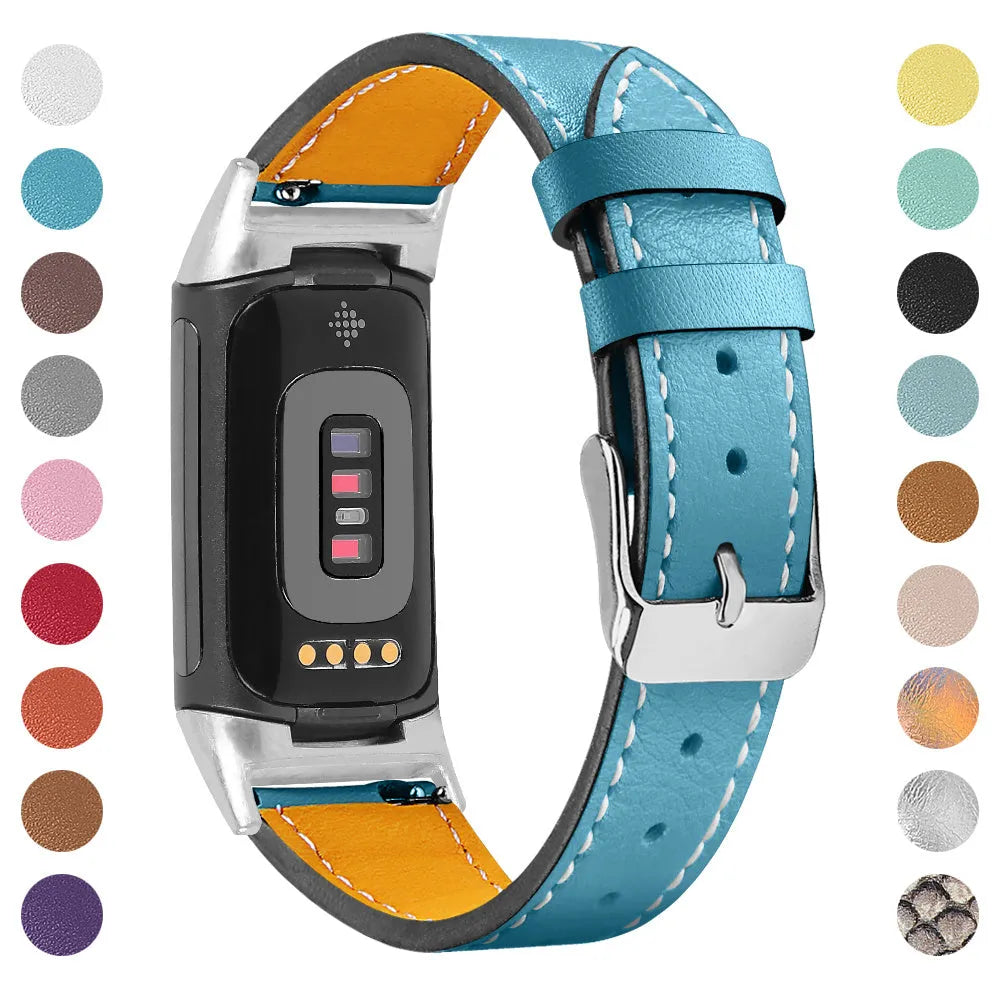 Genuine leather replacement strap for Fitbit Charge 5 and Charge 6 fitness trackers in various colours.