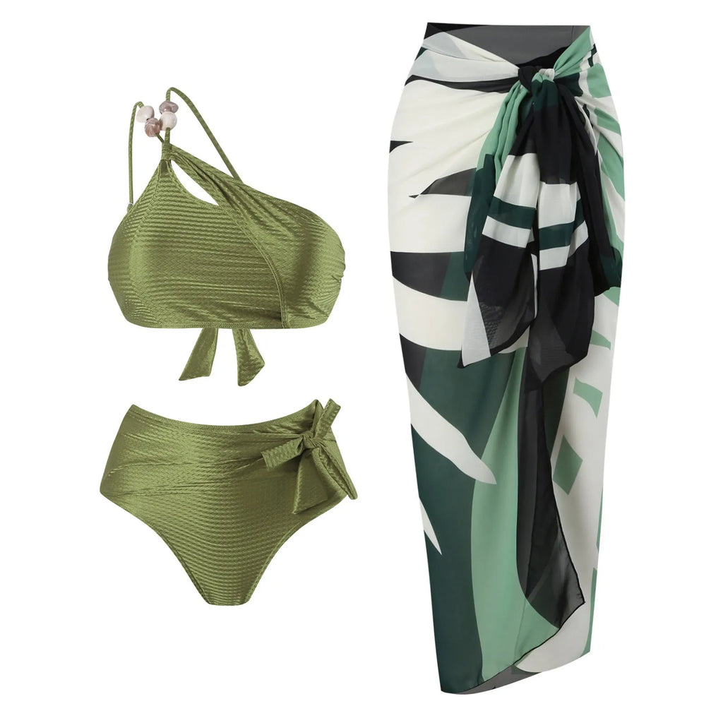 Women's high-waisted push-up bikini with chiffon split skirt in black, brown or green