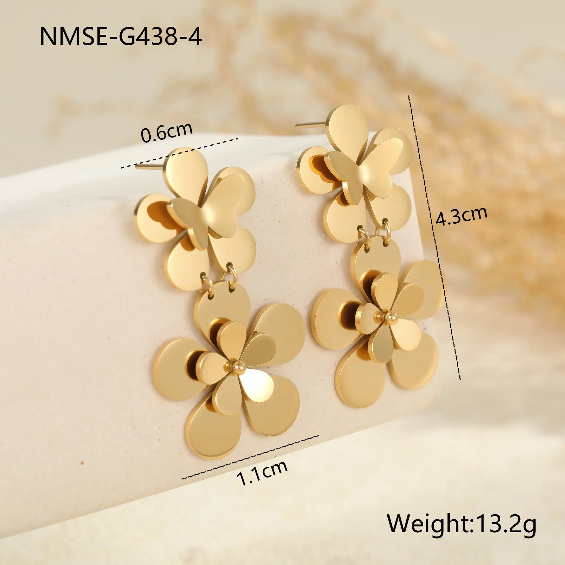 Gold electroplated stainless steel earrings with flower butterfly design for women