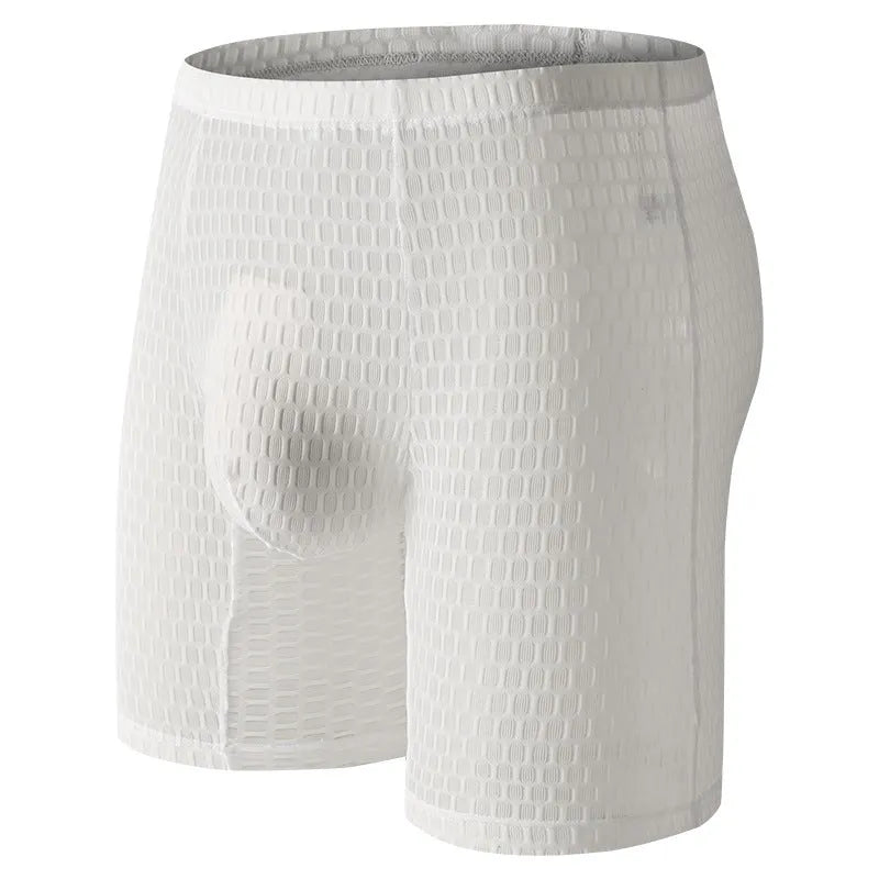 Men's lace fabric boxer shorts in light purple with a lengthened hip lifting shaping design.
