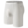Men's lace fabric boxer shorts in light purple with a lengthened hip lifting shaping design.