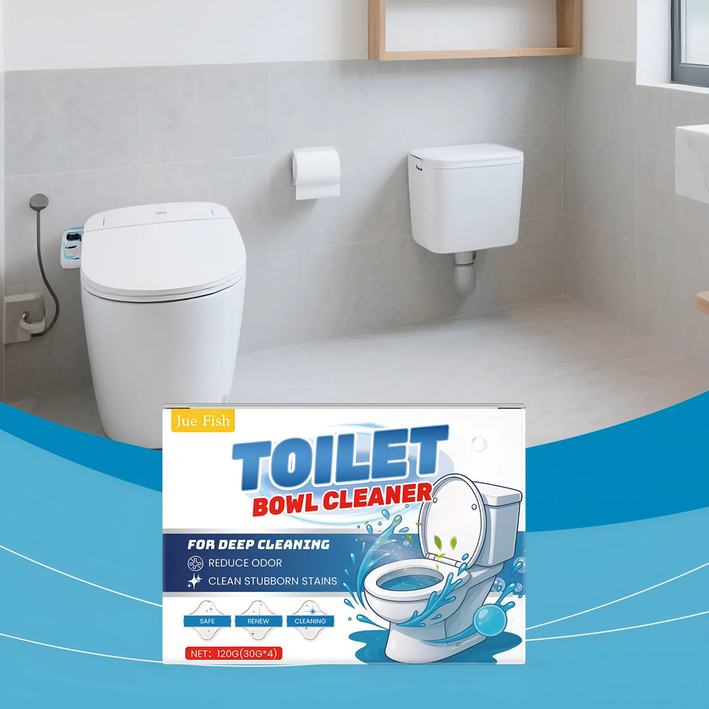 Four sachets of toilet cleaning powder with a measuring scoop for urine stain removal