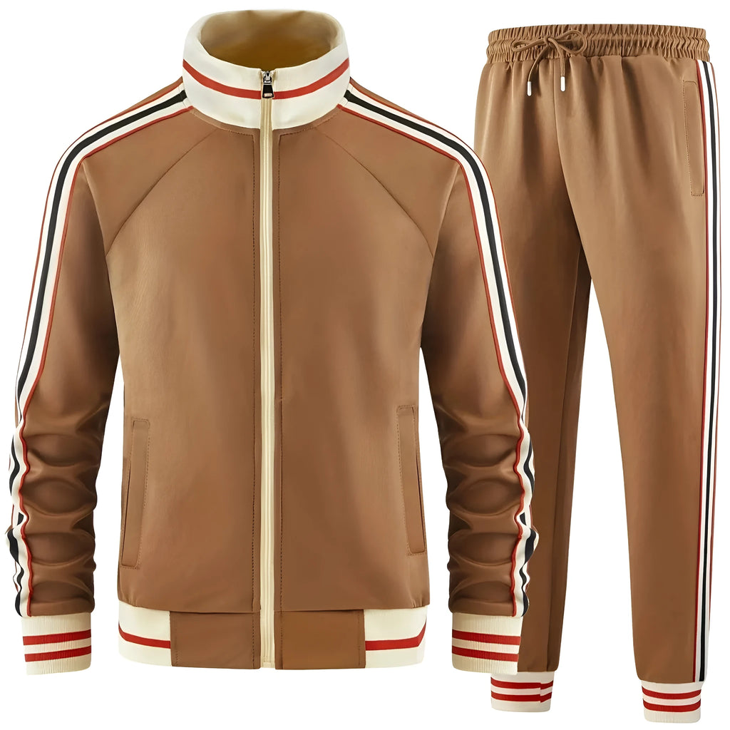 Turtleneck zipper cardigan and trousers matching leisure suit in polyester fabric shown in khaki colour