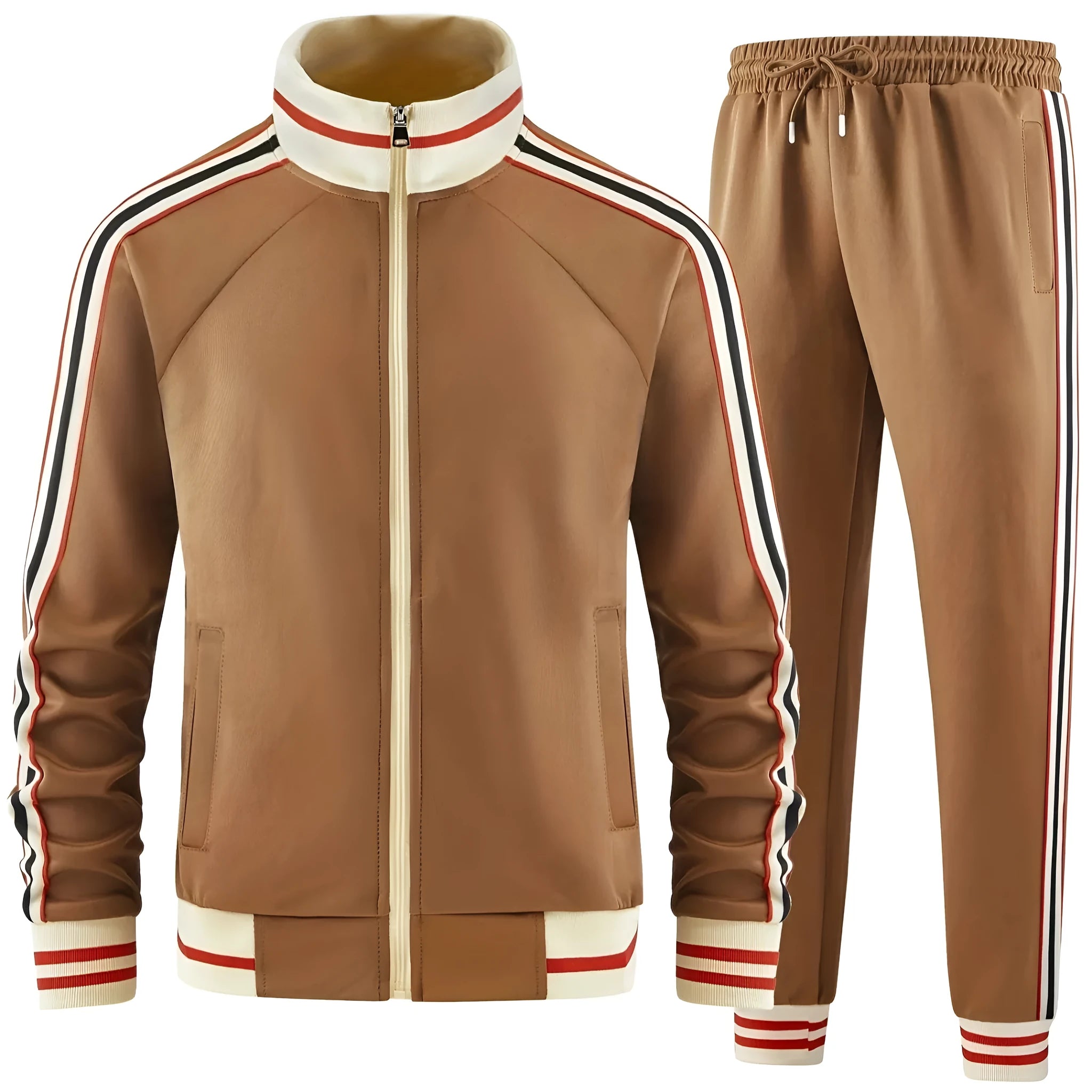 Turtleneck zipper cardigan and trousers matching leisure suit in polyester fabric shown in khaki colour