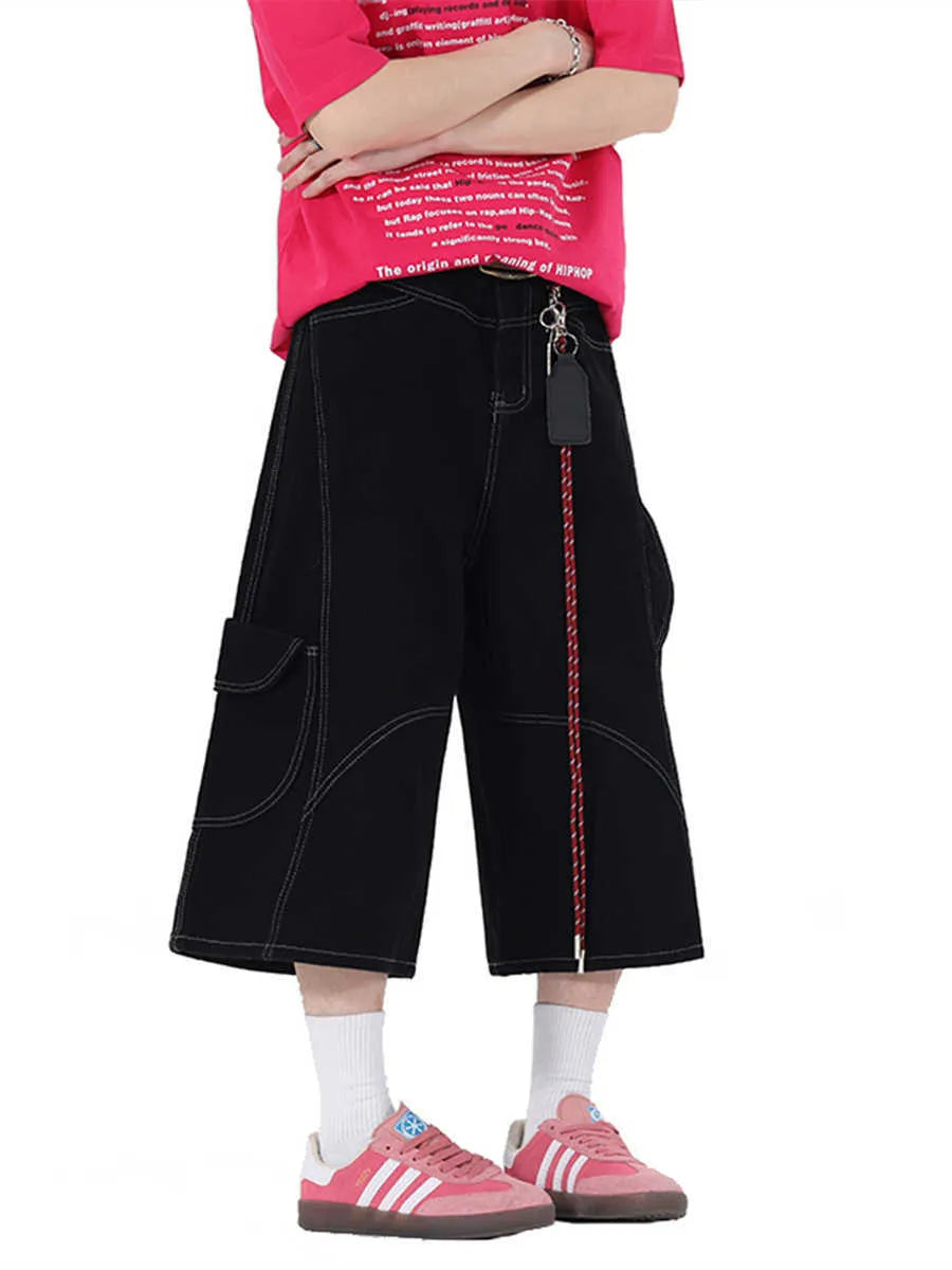 Retro denim work shorts with multiple pockets in wide leg cropped design