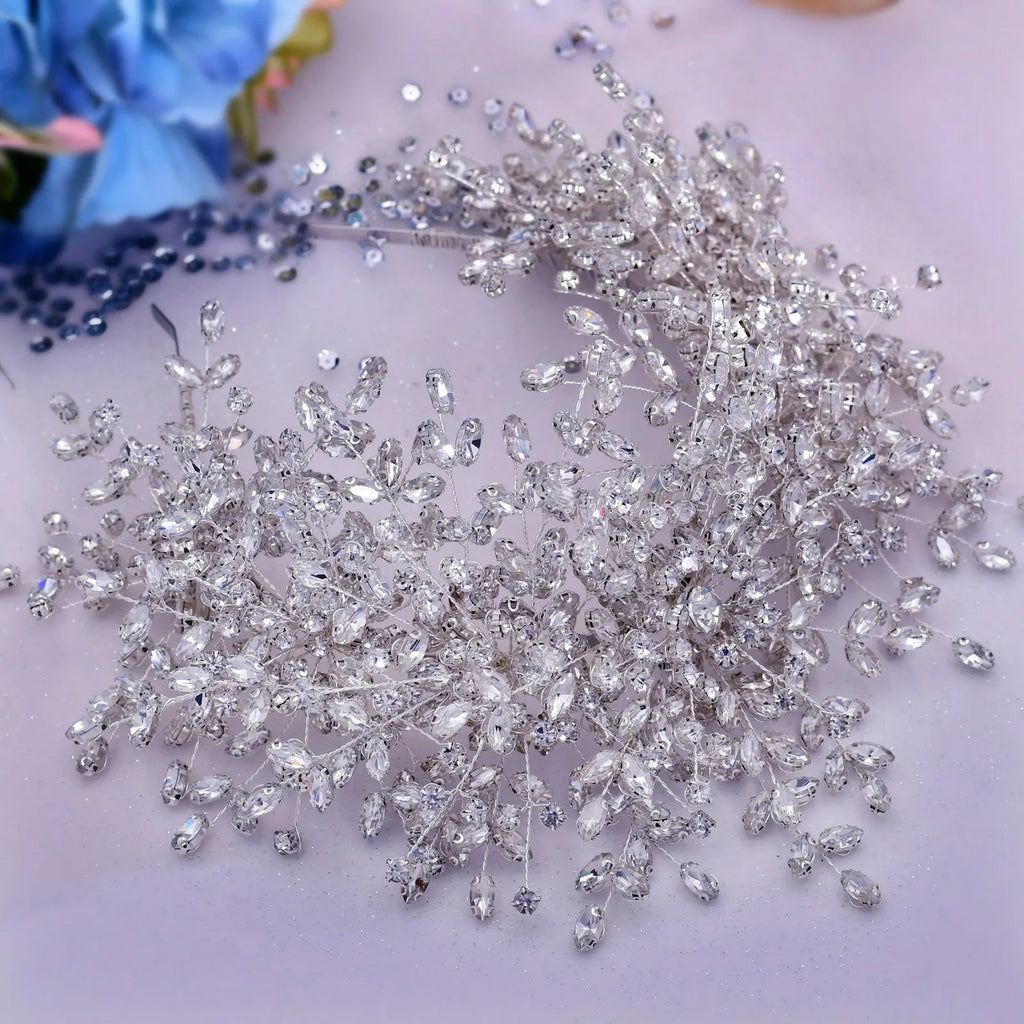 Heavy handmade rhinestone ice and snow queen wedding crown in silver with crystal beaded headband