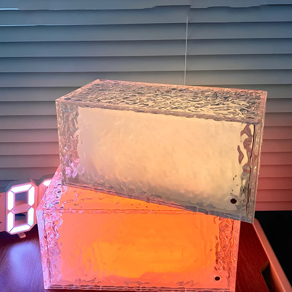 Clear acrylic ice cube shaped night lamp with geometric design and touch controls