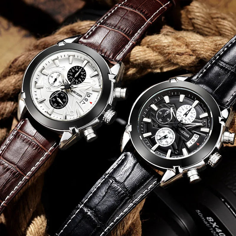 Men's three eyes chronograph watch with quartz movement, waterproof and luminous features in brown or black