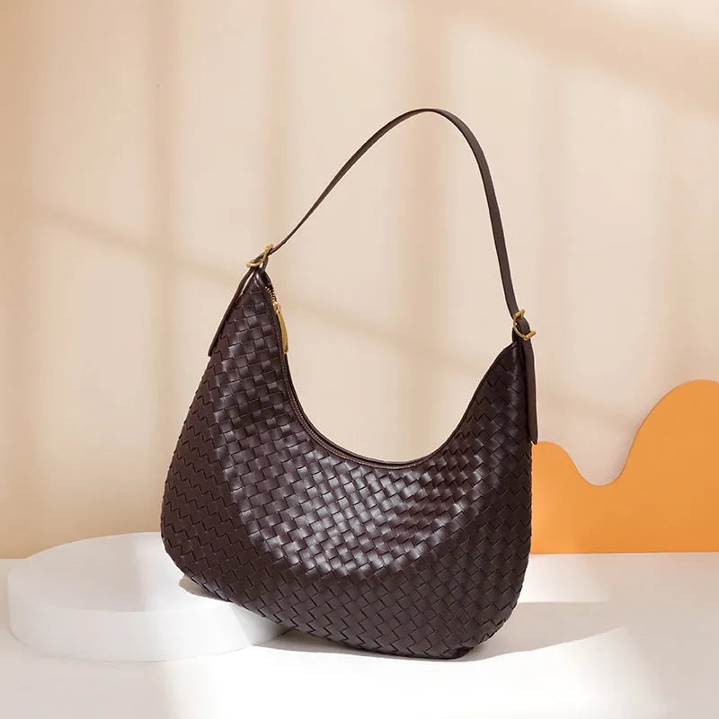 Fashionable large capacity French tote bag in soft PU with woven texture and sandwich pocket
