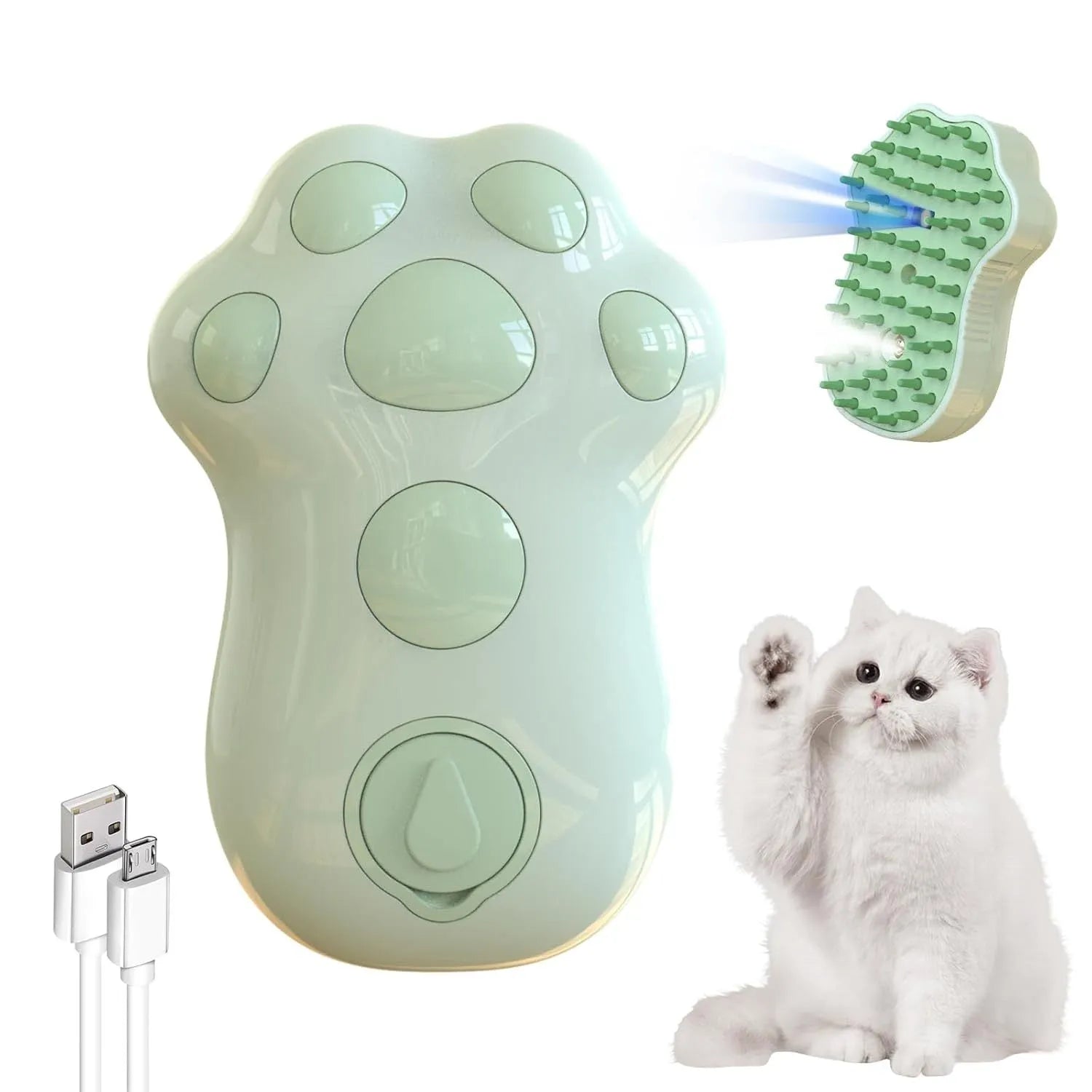 Self-cleaning cat steam brush with silicone bristles and rechargeable spray in blue colour