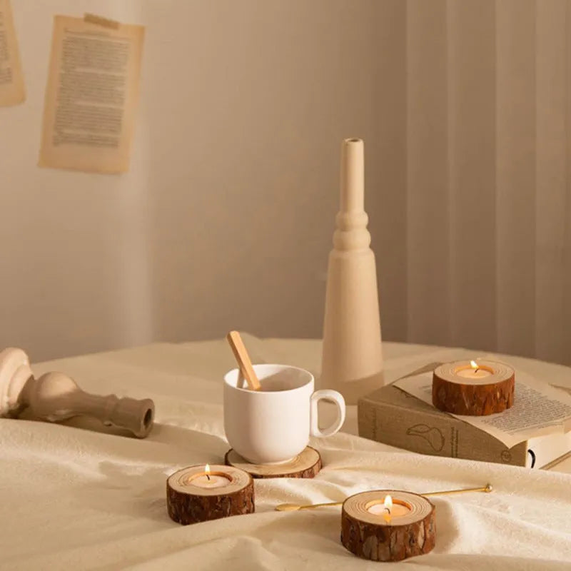 Simple modern pastoral wood candle holder with four candles in a carton packaging