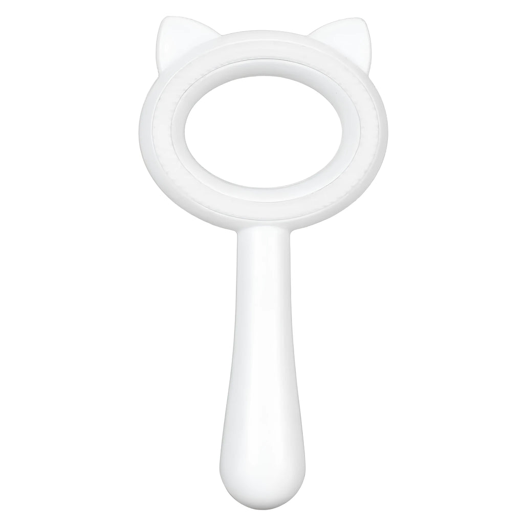 Blue and white double-sided pet grooming brush with an ergonomic handle for cats and dogs.