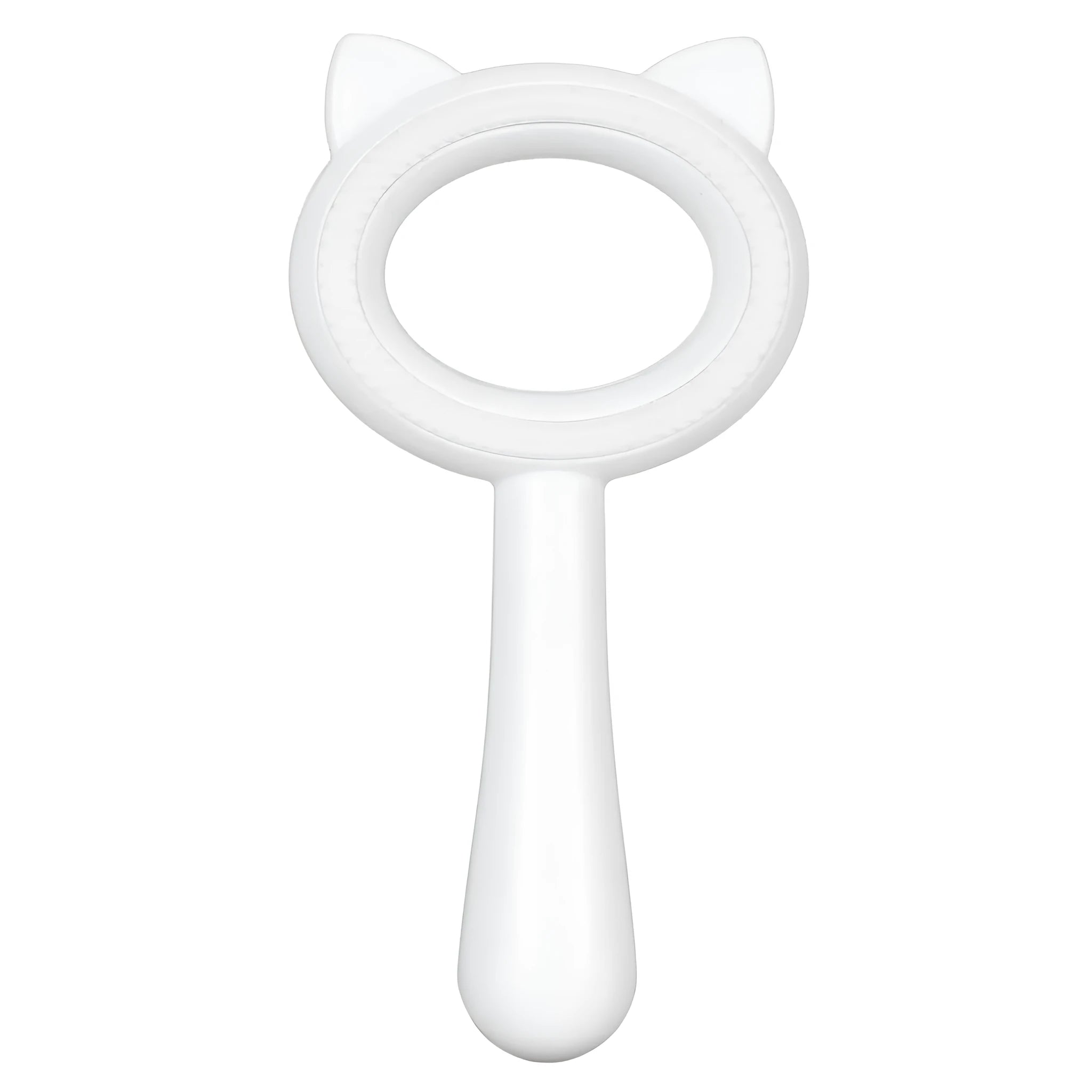 Blue and white double-sided pet grooming brush with an ergonomic handle for cats and dogs.