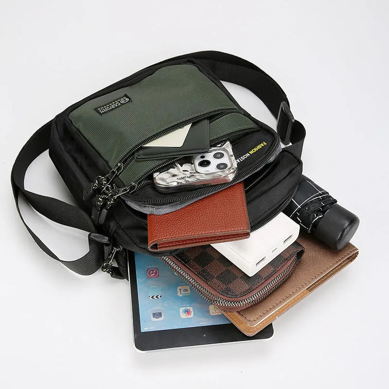 Men's waterproof nylon crossbody bag in green colour with shoulder strap and storage compartments