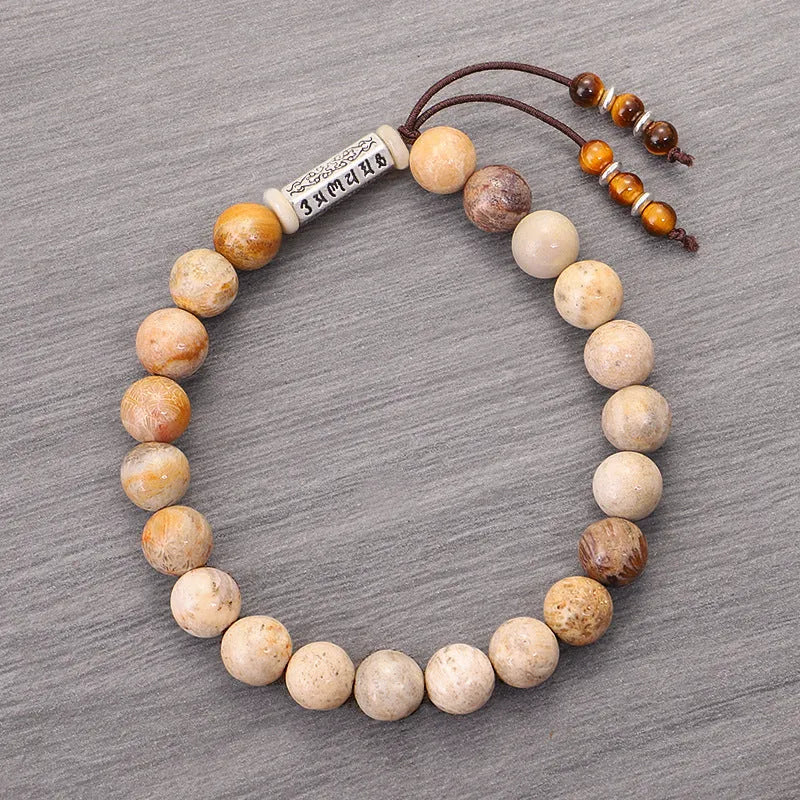 Wood colour stone bead bracelet with handmade construction and retro styling