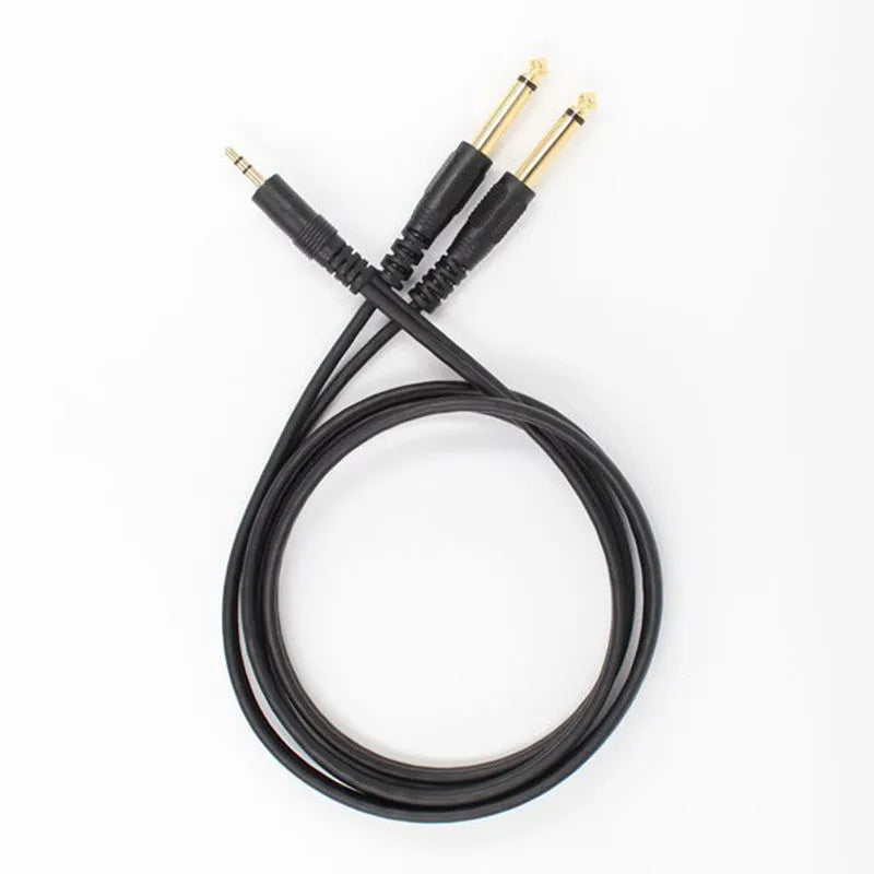 3.5mm stereo to dual 6.5mm mono male audio cable on a white background.