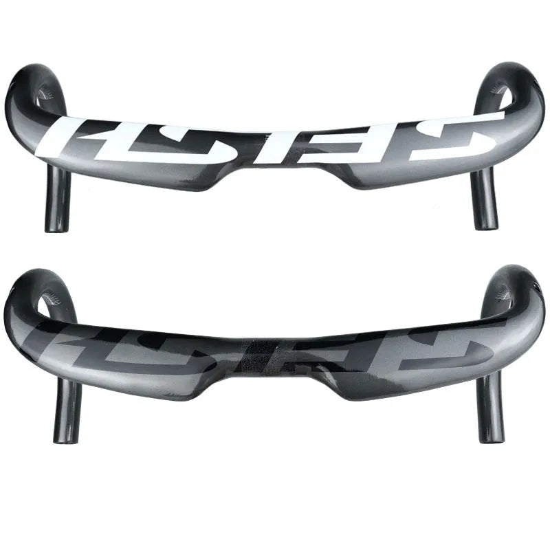 Carbon fibre road bike drop handlebar showing bend profile, available in multiple widths and light colour finishes.