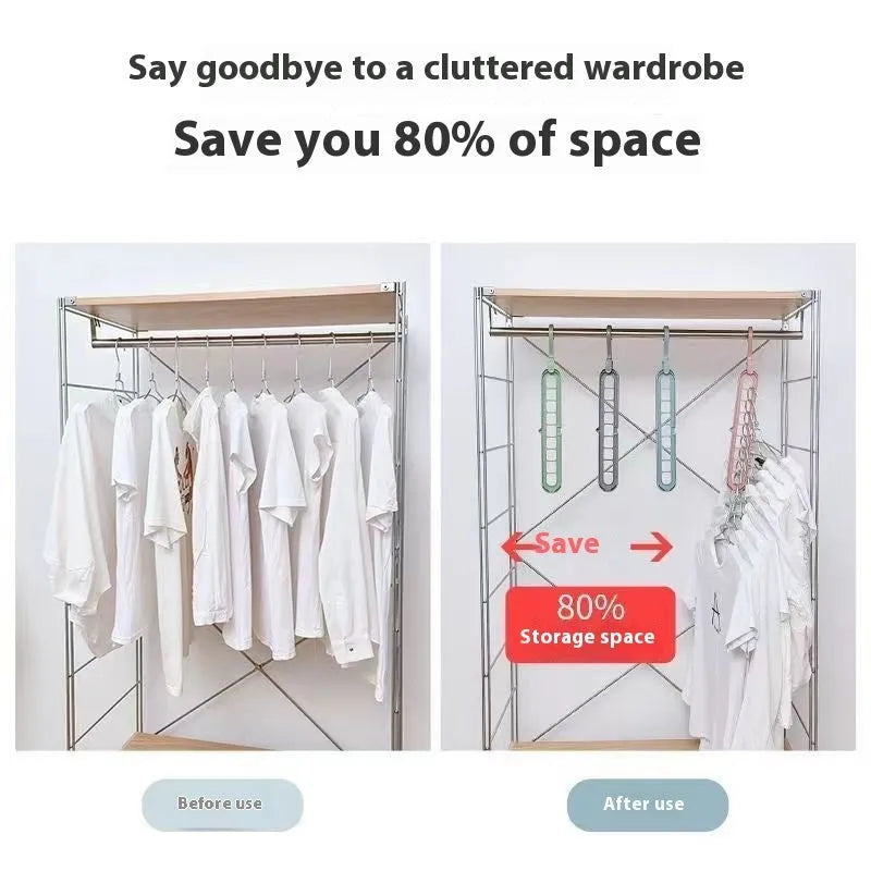 Green plastic hanger with nine holes for hanging multiple trousers or skirts vertically