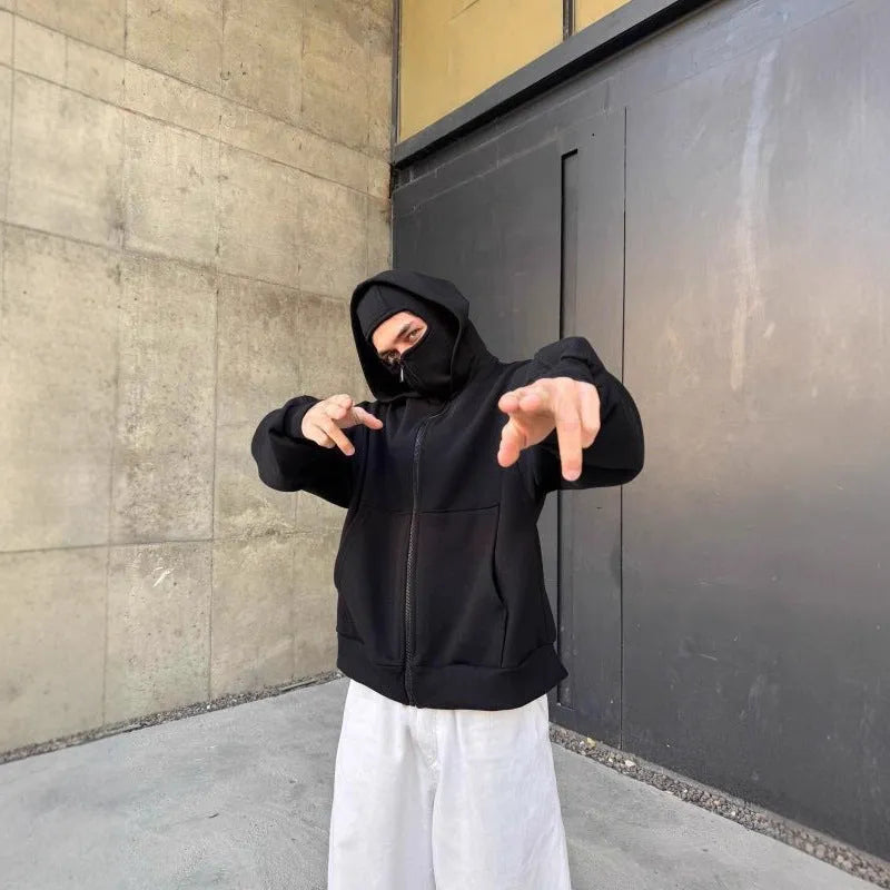 Men's solid colour loose polyester hoodie with double-layer masked hood and zip front, shown in black